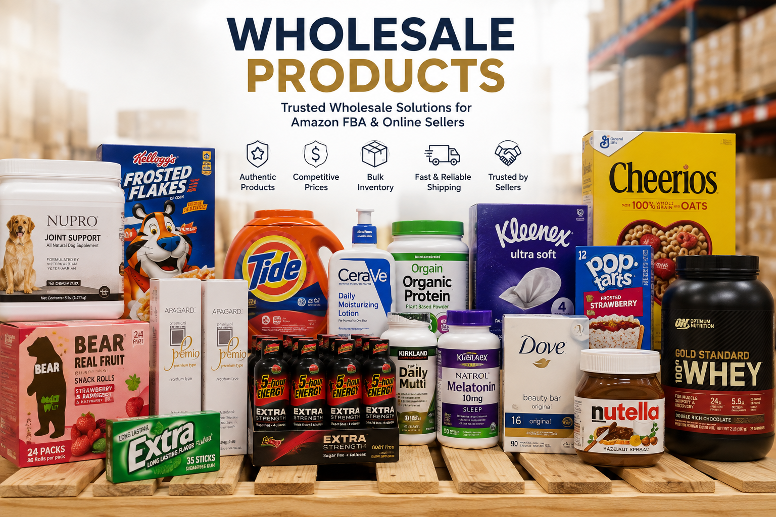 Amazon wholesale pallets featuring bulk grocery, health, beauty, pet supplies, and household products for online resellers and Amazon FBA businesses.